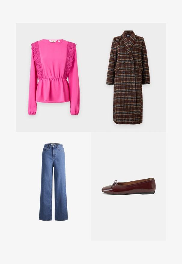 Abrigo de cuadro marrón de doble botonadura largo con cuello de solapa, botones negros y bolsillos con solapa, exhibido contra un fondo blanco.; Top de manga larga en fucsia con detalles de encaje en los hombros, cintura fruncida y tejido texturizado. Escote redondo con puños elásticos.; Jeans de mezclilla de tiro alto, de pierna ancha, en azul claro, con dos bolsillos delanteros y costuras visibles. Cuentan con un cierre de botón y cremallera.; Bailarina de charol burdeos con punta redonda, pequeño lazo en la parte frontal y una suela baja de goma negra. Textura suave.