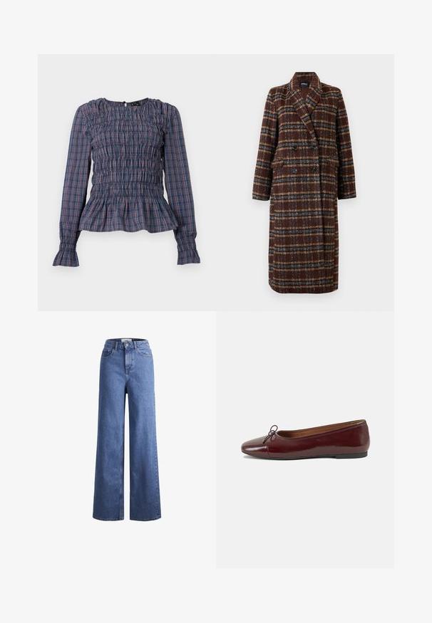 Casaco xadrez castanho de dupla face, com colarinho de lapela, botões pretos e bolsos de aba, exibido sobre um fundo branco.; Blusa de mangas longas em padrão xadrez azul e vermelho, com corpete franzido e bainha e punhos com ruffles, exibida em fundo branco.; Jeans de ganga azul claro, de perna larga e cintura alta, com dois bolsos frontais e costuras visíveis. Apresenta um fecho de botão e zíper.; Bailarinas em couro sintético borgonha com bico redondo, pequeno laço na frente e sola baixa em borracha preta. Textura suave.