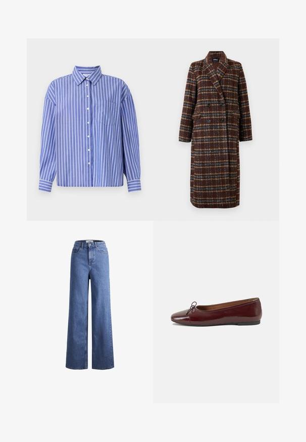 Cappotto lungo doppiopetto a quadri marrone con colletto a bavero, bottoni neri e tasche a soffietto, esposto su uno sfondo bianco.; Camicia a righe blu e bianche con colletto, maniche lunghe e taschino sul petto. Tessuto morbido con una vestibilità rilassata, orlo dritto.; Jeans ampia in denim azzurro chiaro con vita alta, due tasche anteriori e cuciture in vista. Presentano una chiusura con bottone e zip.; Ballerine in pelle verniciata bordeaux con punta arrotondata, piccolo fiocco decorativo sulla parte anteriore e suola bassa in gomma nera. Texture liscia.