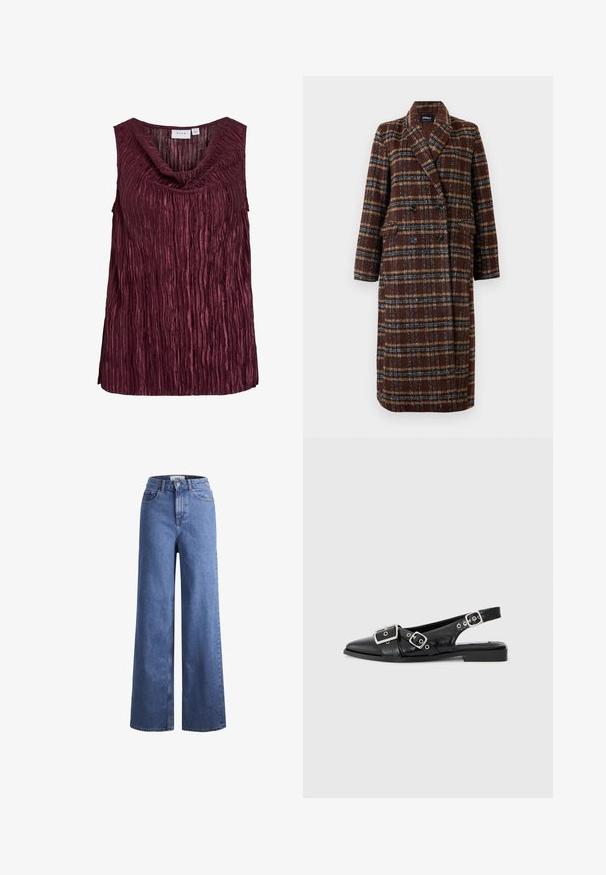 Long double-breasted brown plaid coat with lapel collar, black buttons, and flap pockets, displayed against a white background.; Burgundy sleeveless top with a draped neckline, featuring vertical pleats and a textured surface. Made of a shiny, lightweight fabric.; Light blue denim wide-leg jeans with a high waist, two front pockets, and visible stitching. Features a button and zipper closure.; Black leather slingback shoe with a pointed toe, two silver buckles, and a low block heel. Features a textured upper and open back.