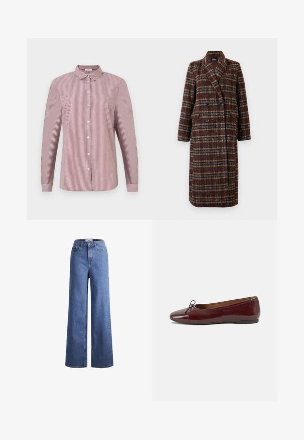 Abrigo de cuadro marrón de doble botonadura largo con cuello de solapa, botones negros y bolsillos con solapa, exhibido contra un fondo blanco.; Camisa de botones de manga larga a rayas rojas y blancas con cuello y botones blancos, que presenta un corte relajado y una textura de algodón suave.; Jeans de mezclilla de tiro alto, de pierna ancha, en azul claro, con dos bolsillos delanteros y costuras visibles. Cuentan con un cierre de botón y cremallera.; Bailarina de charol burdeos con punta redonda, pequeño lazo en la parte frontal y una suela baja de goma negra. Textura suave.