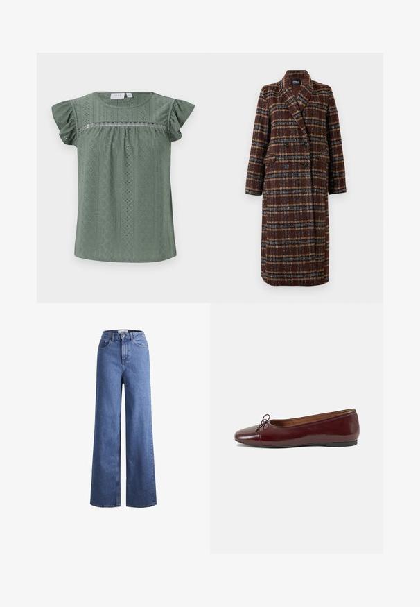 Ilgas dvigubas rudas langeliais paltas su apykakle, juodais mygtukais ir kišenėmis su atvartais, eksponuojamas ant balto fono.; Žalia trumpa rankovė bliuskė, pagaminta iš lengvos tekstūruotos medžiagos, su raštuotu dizainu, akių detalėmis ir raukšlėtomis rankovėmis.; Šviesiai mėlynos džinsinės kelnės plačiu sijonu ir aukštu liemeniu, su dviem priekinių kišenių ir matomu siuvimu. Su mygtuko ir užtrauktuko uždarymu.; Bordo lakiotos odos baleto bateliai su apvalia nosimi, maža kaspinėlio akcentu priekyje ir žema juoda guma padanga. Lygi tekstūra.