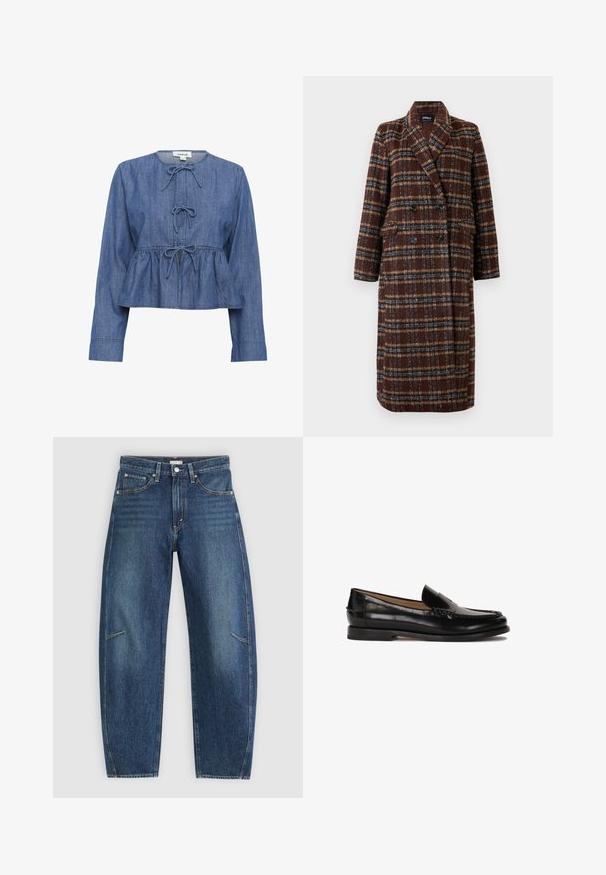 Dolg plašč z dvojnim zapenjanjem v rjavem karirastem vzorcu z rever ovratnikom, črnimi gumbi in žepi s poklopcem, prikazan na belem ozadju.; Modra denim s dolgimi rokavi, s krožnim izrezom, tremi vezanimi mašnicami spredaj in nabranim pasom v peplum slogu.; Temno modri traper hlače s ravno obliko, ki vključujejo sprednje žepe, kontrastne šive in subtilno zbledelo teksturo na nogah.; Črne usnjene loafers cipele z zaobljenim nosom, enostavno obuvanje in subtilne šive ob zgornjem delu. Ravna gumijasta podplata.