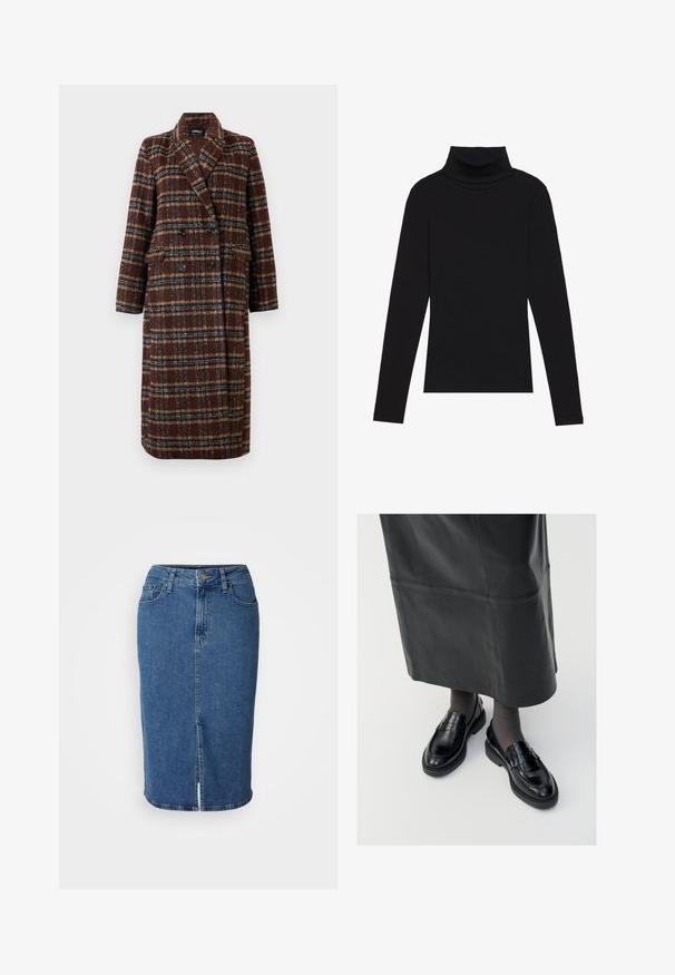 Dlhý hnedý károvaný kabát na dvojité zapínanie s klopovým golierom, čiernymi gombíkmi a vreckami s chlopňou, vystavený na bielom pozadí.; Čierny rolák s dlhým rukávom, vyrobený z rebrovanej tkaniny, má priliehavý strih s vysokým golierom a bez vzorov alebo akcentov.; Jeansová sukňa v stredne modrej farbe, po kolená, priliehajúci strih s predným rozparkom. Má päť vreciek a zapínanie na gombík s pútkami na opasok.; Čierne kožené poltopánky s hladkým povrchom, s dekoratívnym pásikom, okrúhlou špičkou a textúrovanou podrážkou. Nosené s dlhou čiernou koženou sukňou.