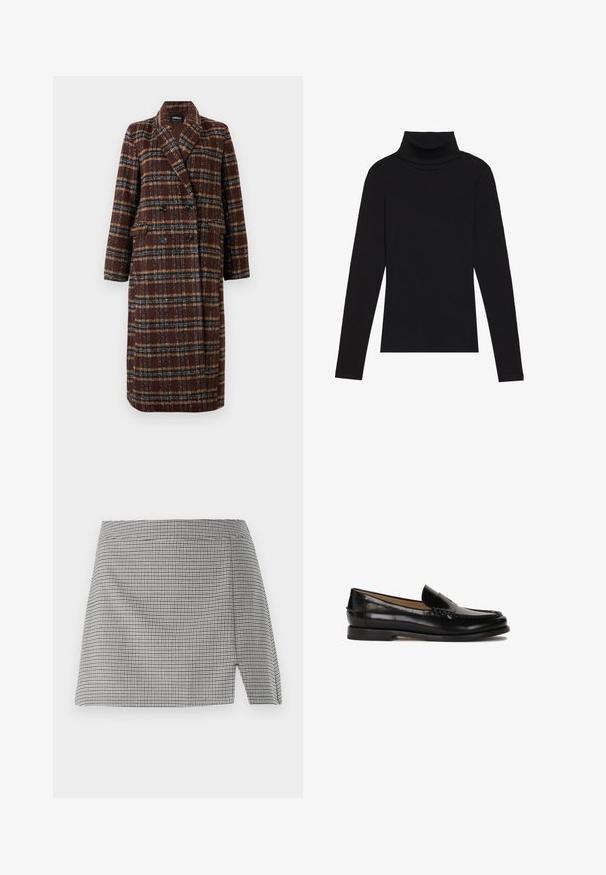 Dolg plašč z dvojnim zapenjanjem v rjavem karirastem vzorcu z rever ovratnikom, črnimi gumbi in žepi s poklopcem, prikazan na belem ozadju.; Črna majica s puloverjem in dolgimi rokavi, izdelana iz rebraste tkanine, ima prilegan kroj s visokim ovratnikom in brez vzorcev ali okrasnih elementov.; Črna in bela šahovnica mini krilo z zavitim dizajnom, gladko teksturo in rahlim razpiranjem na desni strani.; Črne usnjene loafers cipele z zaobljenim nosom, enostavno obuvanje in subtilne šive ob zgornjem delu. Ravna gumijasta podplata.