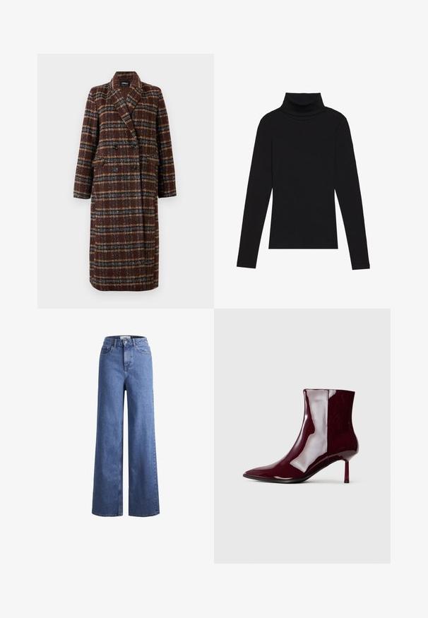 Lang, dobbeltradet brun plaidfrakke med reverskrave, sorte knapper og klaplommer, præsenteret mod en hvid baggrund.; Sort højhalset bluse med lange ærmer, lavet af ribbet stof, har et tætsiddende design med en høj krave og uden mønstre eller detaljer.; Lyseblå denim brede bukser med høj talje, to frontlommer og synlige stikninger. Har en knap- og lynlåslukning.; Skinnende mørkerød ankelstøvle med spids tå og tynd mellem-højde hæl på en lys ensfarvet baggrund.
