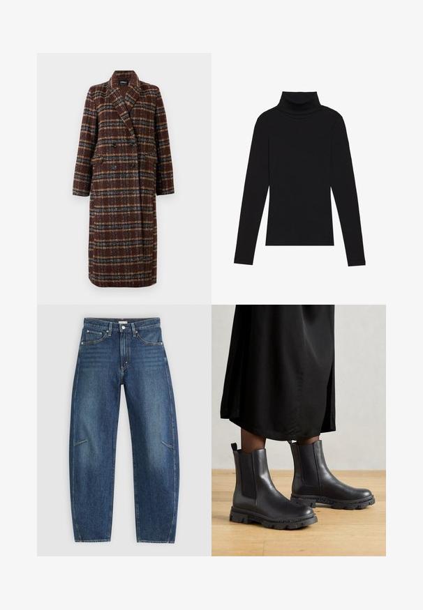 Long double-breasted brown plaid coat with lapel collar, black buttons, and flap pockets, displayed against a white background.; Black turtleneck long-sleeve top, made of ribbed fabric, features a fitted design with a high neckline and no patterns or accents.; Dark blue denim jeans with a straight-leg design, featuring front pockets, contrast stitching, and a subtle faded texture on the legs.; Black leather ankle boots with elastic side panels, textured rubber soles, and pull tabs. They feature a sleek, modern design and durable finish.