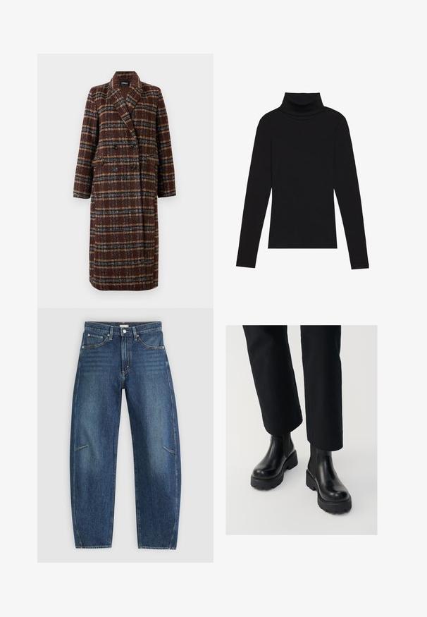 Long double-breasted brown plaid coat with lapel collar, black buttons, and flap pockets, displayed against a white background.; Black turtleneck long-sleeve top, made of ribbed fabric, features a fitted design with a high neckline and no patterns or accents.; Dark blue denim jeans with a straight-leg design, featuring front pockets, contrast stitching, and a subtle faded texture on the legs.; Black leather ankle boots with a chunky sole, elastic side panels, and a smooth finish, paired with loose black pants.