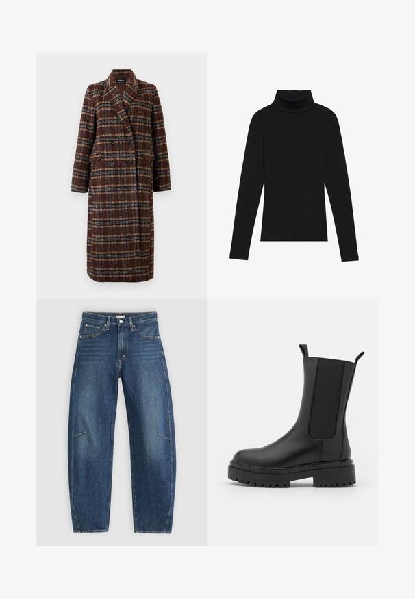 Cappotto lungo doppiopetto a quadri marrone con colletto a bavero, bottoni neri e tasche a soffietto, esposto su uno sfondo bianco.; Maglione a collo alto nero a maniche lunghe, realizzato in tessuto a coste, presenta un design aderente con un collo alto e senza motivi o dettagli.; Jeans in denim blu scuro con design a gamba dritta, caratterizzati da tasche anteriori, cuciture a contrasto e una leggera texture sbiadita lungo le gambe.; RAID CHERISH - Stivali con plateau - black