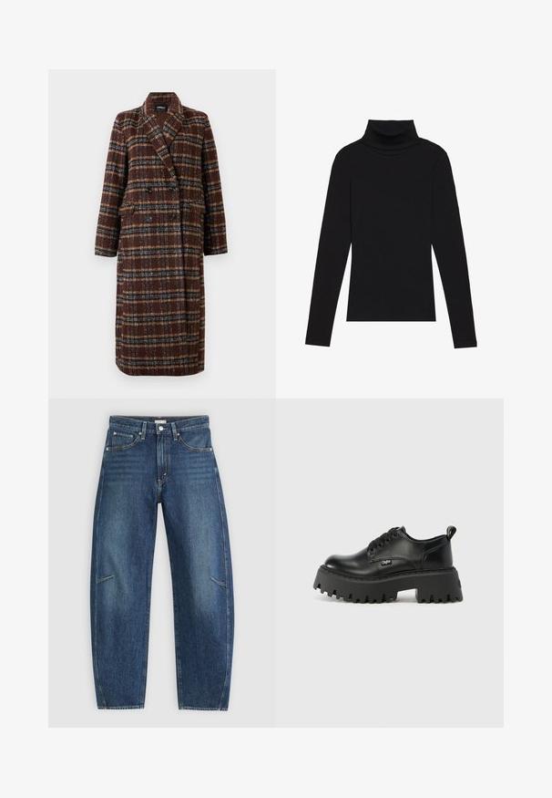 Pikk topeltkinnitatud pruuni ruudulise mustriga mantel, millel on krae, mustad nupud ja klapptaskud, esitatud valge tausta ees.; Mustavööne, pika varrukaga kõrge kaelusega T-särk, mis on valmistatud ribakanga materjalist, omab sobivat disaini ja ei sisalda mustreid ega aksessuaare.; Tumedat sinised teksad sirge jala disainiga, millel on esikotid, kontrastõmblused ja jalgadel peenelt pleekinud tekstuur.; Mustad mustjalatsid, mis on valmistatud siledast nahast, koos jämeda tekstuuriga tallaga ja ümmarguse varbaga. Omab kuut silmajaokseid ja tõmblõnga.