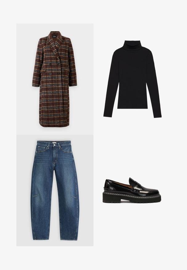 Langer brauner Karo-Doppelreiher-Mantel mit Reverskragen, schwarzen Knöpfen und Klappentaschen, vor einem weißen Hintergrund präsentiert.; Schwarzes langärmeliges Turtleneck-Oberteil aus geripptem Stoff, mit einer taillierten Passform, hohem Kragen und ohne Muster oder Akzente.; Dunkelblaue Jeans aus Denim mit geradem Bein, ausgestattet mit Vorderaschen, Kontrastnähten und einer dezenten, ausgewaschenen Textur an den Beinen.; Schwarze Lackleder-Loafer mit einer robusten schwarzen Gummisohle, akzentuiert durch weiße Nähte und einen dekorativen vorderen Riemen.