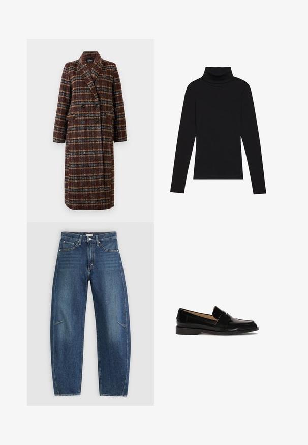 Hosszú, dupla soros barna kockás kabát, kapucnis gallérral, fekete gombokkal és hajtókás zsebekkel, fehér háttér előtt bemutatva.; Fekete garbónyakú, hosszú ujjú felső, bordás anyagból készült, testhez álló fazonnal, magas nyakkal, minták és díszítések nélkül.; Sötétkék farmernadrág egyenes lábbal, elülső zsebekkel, kontrasztöltéssel és enyhén kopott textúrával a lábakon.; Fekete bőr mokaszin, sima felülettel, lekerekített orral és díszítő pánttal az elején. Alacsony blokk sarkú kialakítás.