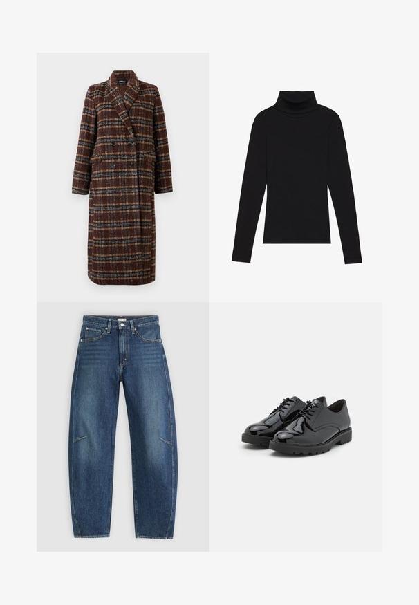 Dlouhý hnědý kostkovaný kabát na dvouřadé zapínání s klopovým límcem, černými knoflíky a kapsami s klopou, vystavený na bílém pozadí.; Černý rolák s dlouhým rukávem, vyrobený z žebrované látky, má upnutý střih s vysokým výstřihem a žádné vzory ani akcenty.; Tmavě modré džíny s rovnými nohavicemi, vybavené předními kapsami, kontrastním šitím a jemně vybledlou texturou na nohavicích.; Černé lakované kožené boty s kulatou špičkou, šněrovacím designem, gumovou podrážkou s texturem a jemným prošitím podél stran.