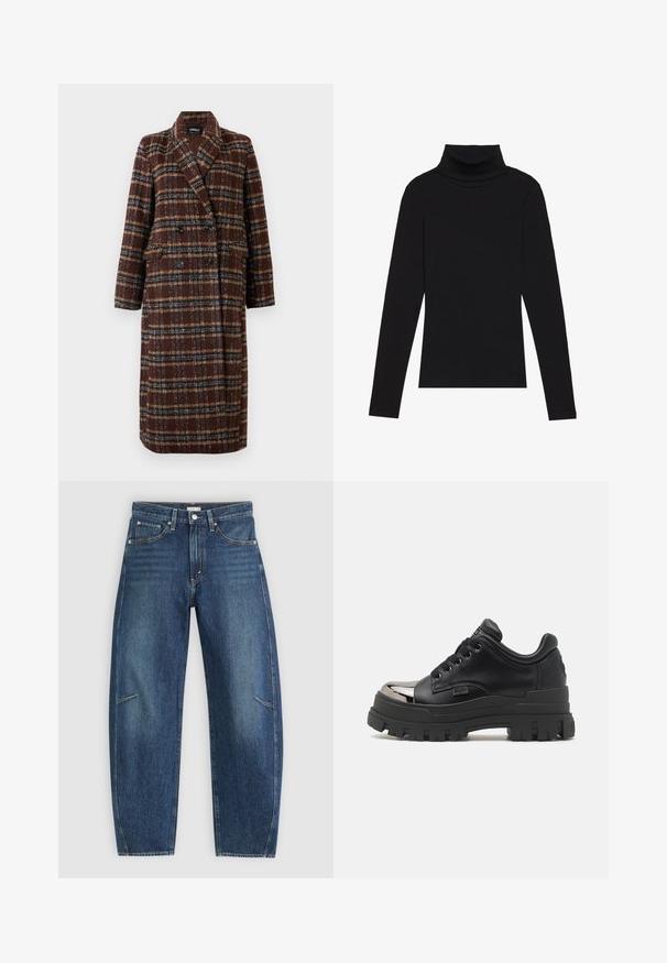 Długi brązowy płaszcz w kratę z podwójnym zapięciem, z klapami, czarnymi guzikami i kieszeniami z klapami, wyeksponowany na białym tle.; Czarna bluzka z długim rękawem i kołnierzem typu stójka, wykonana z prążkowanej tkaniny, charakteryzuje się dopasowanym krojem, wysokim dekoltem oraz brakiem wzorów i zdobień.; Ciemnoniebieskie dżinsy o prostym kroju, z przednimi kieszeniami, kontrastowym szwem i delikatnie wyblakłą strukturą na nogawkach.; Buffalo ASPHA czarny