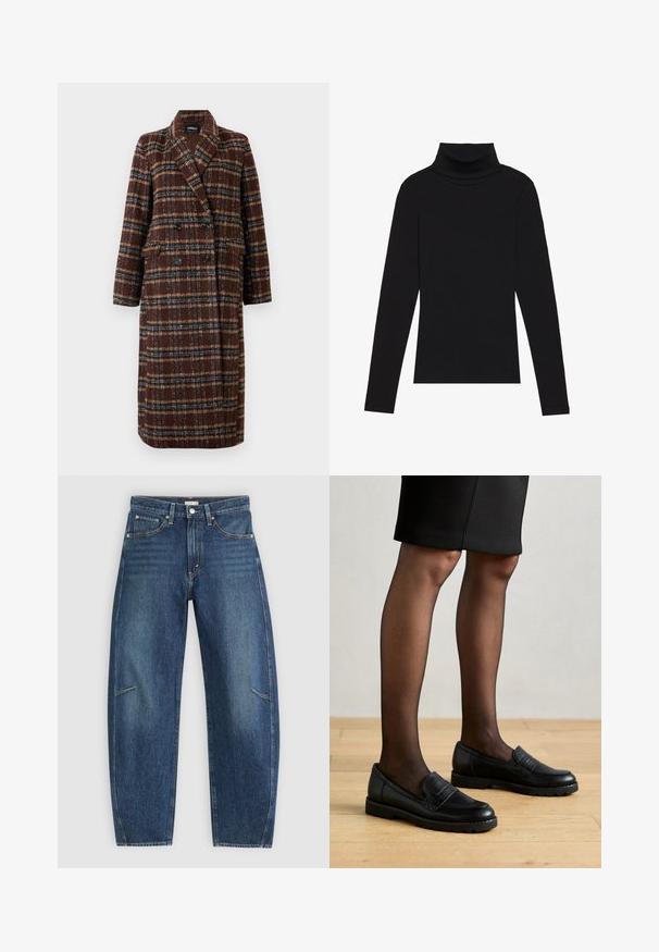 Długi brązowy płaszcz w kratę z podwójnym zapięciem, z klapami, czarnymi guzikami i kieszeniami z klapami, wyeksponowany na białym tle.; Czarna bluzka z długim rękawem i kołnierzem typu stójka, wykonana z prążkowanej tkaniny, charakteryzuje się dopasowanym krojem, wysokim dekoltem oraz brakiem wzorów i zdobień.; Ciemnoniebieskie dżinsy o prostym kroju, z przednimi kieszeniami, kontrastowym szwem i delikatnie wyblakłą strukturą na nogawkach.; Czarne skórzane mokasyny z teksturowanym panelem, gumową podeszwą i zaokrąglonym noskiem, noszone z przezroczystymi czarnymi rajstopami i dopasowaną spódnicą.