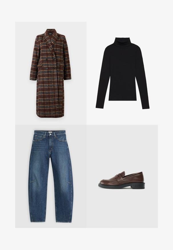 Cappotto lungo doppiopetto a quadri marrone con colletto a bavero, bottoni neri e tasche a soffietto, esposto su uno sfondo bianco.; Maglione a collo alto nero a maniche lunghe, realizzato in tessuto a coste, presenta un design aderente con un collo alto e senza motivi o dettagli.; Jeans in denim blu scuro con design a gamba dritta, caratterizzati da tasche anteriori, cuciture a contrasto e una leggera texture sbiadita lungo le gambe.; Mocassini in pelle marrone con punta arrotondata, caratterizzati da una fascia decorativa sulla parte superiore e un tacco basso in gomma nera testurizzata.