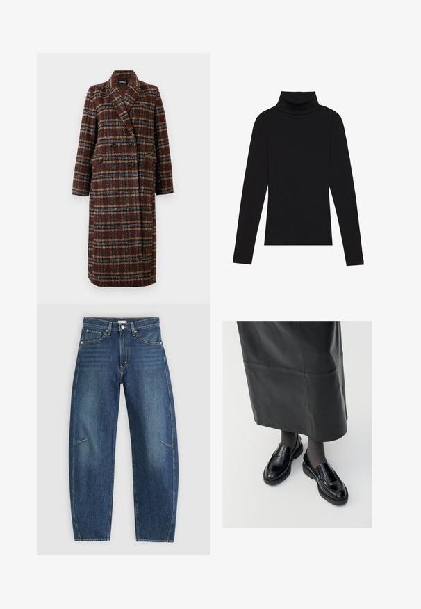 Palton lung, dublu-botonat, din material cu carouri maro, cu guler tip rever, nasturi negri și buzunare cu clapă, expus pe un fundal alb.; Cămășuță neagră cu guler înalt, dintr-un material cu dungi, cu un design aderent, fără modele sau accente.; Jeans din denim albastru închis, cu design drept, având buzunare frontale, cusături în contrast și o textură ușor decolorată pe picioare.; Loaferi negri din piele cu o finisare netedă, dotati cu o curea decorativă, vârf rotund și talpă texturată. Purtați cu o fustă lungă din piele neagră.