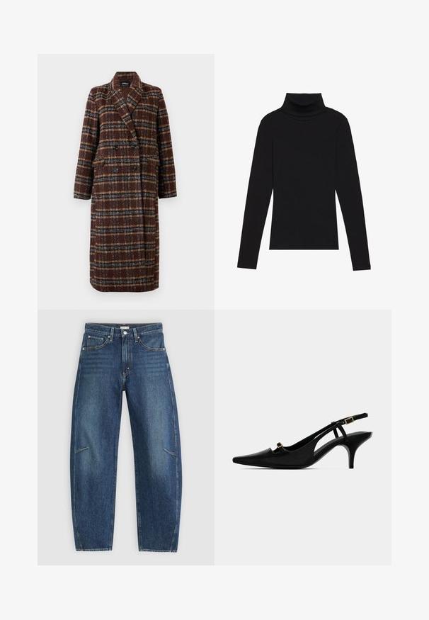 Langer brauner Karo-Doppelreiher-Mantel mit Reverskragen, schwarzen Knöpfen und Klappentaschen, vor einem weißen Hintergrund präsentiert.; Schwarzes langärmeliges Turtleneck-Oberteil aus geripptem Stoff, mit einer taillierten Passform, hohem Kragen und ohne Muster oder Akzente.; Dunkelblaue Jeans aus Denim mit geradem Bein, ausgestattet mit Vorderaschen, Kontrastnähten und einer dezenten, ausgewaschenen Textur an den Beinen.; Schwarze Slingback-Pumps mit spitz zulaufender Zehenpartie, niedrigem, geschwungenem Absatz und kleiner goldener Schnalle am vorderen Riemen sowie am Knöchelriemen.
