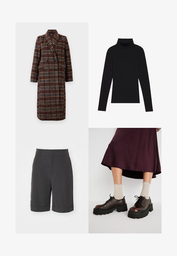 Manteau long en plaid marron à double boutonnage avec col à revers, boutons noirs et poches à rabat, présenté sur un fond blanc.; Haut à manches longues noir à col roulé, fabriqué en tissu côtelé, présente un design ajusté avec un col haut et sans motifs ni accents.; ONLY ONLCANA BERMUDA - Short - dark grey melange/white; Chaussures en cuir brun à plateforme avec des semelles épaisses noires, associées à des chaussettes beiges côtelées avec des bords festonnés, sur un fond neutre.