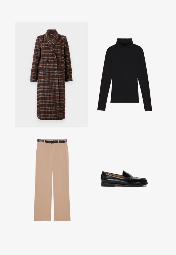 Langer brauner Karo-Doppelreiher-Mantel mit Reverskragen, schwarzen Knöpfen und Klappentaschen, vor einem weißen Hintergrund präsentiert.; Schwarzes langärmeliges Turtleneck-Oberteil aus geripptem Stoff, mit einer taillierten Passform, hohem Kragen und ohne Muster oder Akzente.; Beige weite Hosen mit einer glatten Textur, ausgestattet mit einem schwarzen Gürtel mit einer silbernen Schnalle und zwei Seitentaschen.; Schwarzer Lederloafer mit runder Zehenpartie, schlupfendem Design und dezenten Nahtdetails entlang des Oberteils. Flache Gummisohle.