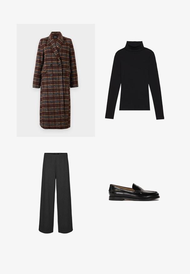 Cappotto lungo doppiopetto a quadri marrone con colletto a bavero, bottoni neri e tasche a soffietto, esposto su uno sfondo bianco.; Maglione a collo alto nero a maniche lunghe, realizzato in tessuto a coste, presenta un design aderente con un collo alto e senza motivi o dettagli.; Pantaloni neri a gamba larga con righe bianche verticali, caratterizzati da un design su misura e una texture liscia. Senza tasche visibili o hardware.; Mocassino in pelle nera con punta arrotondata, design slip-on e dettagli di cucitura discreti lungo la parte superiore. Suola piatta in gomma.