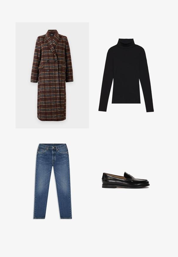 Abrigo de cuadro marrón de doble botonadura largo con cuello de solapa, botones negros y bolsillos con solapa, exhibido contra un fondo blanco.; Top de manga larga de cuello alto negro, hecho de tela de canalé, presenta un diseño ajustado con un cuello alto y sin patrones ni acentos.; Vaqueros de denim azul con diseño de pierna recta, que cuentan con un cierre de botón y cremallera, cinco bolsillos y un ligero desgastado en el lavado.; Mocasín de cuero negro con puntera redondeada, diseño deslizante y detalles de costura sutiles a lo largo de la parte superior. Suela de goma plana.