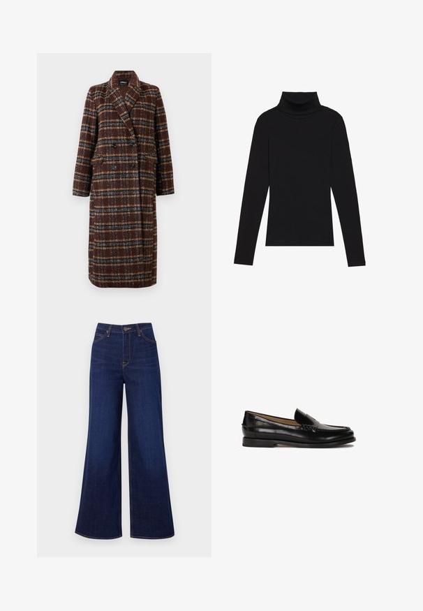 Dolg plašč z dvojnim zapenjanjem v rjavem karirastem vzorcu z rever ovratnikom, črnimi gumbi in žepi s poklopcem, prikazan na belem ozadju.; Črna majica s puloverjem in dolgimi rokavi, izdelana iz rebraste tkanine, ima prilegan kroj s visokim ovratnikom in brez vzorcev ali okrasnih elementov.; Temno modri široki jeans iz denima, z visokim pasom, obliko s petimi žepi in kontrastnim oranžnim šivom ob šivih.; Črne usnjene loafers cipele z zaobljenim nosom, enostavno obuvanje in subtilne šive ob zgornjem delu. Ravna gumijasta podplata.