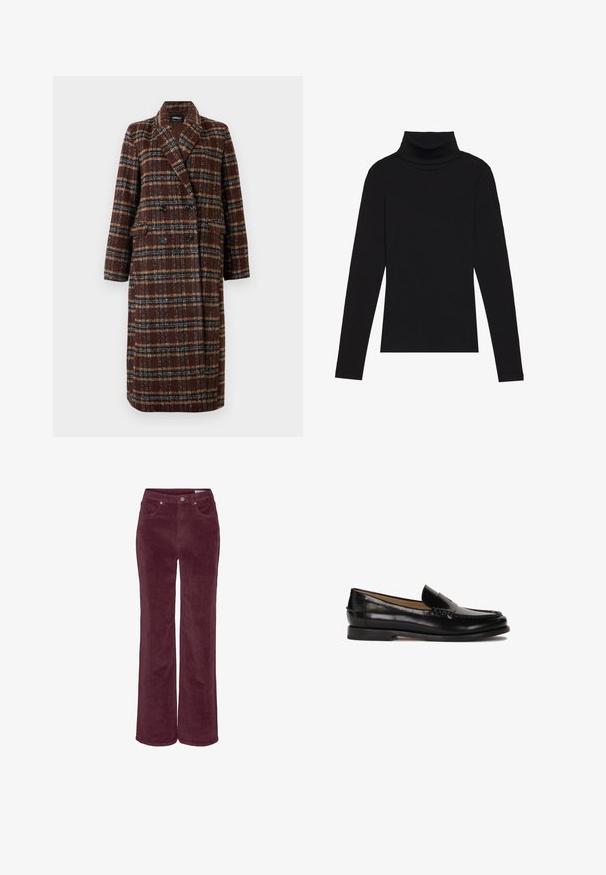 Dlouhý hnědý kostkovaný kabát na dvouřadé zapínání s klopovým límcem, černými knoflíky a kapsami s klopou, vystavený na bílém pozadí.; Černý rolák s dlouhým rukávem, vyrobený z žebrované látky, má upnutý střih s vysokým výstřihem a žádné vzory ani akcenty.; Manšestrové kalhoty se širokými nohavicemi v tmavě vínové barvě. Mají přední kapsy a poutka na pásek, texturovaný povrch látky.; Černé kožené mokasíny s kulatou špičkou, jednoduchým designem na obouvání a diskrétními prošívanými detaily na svršku. Plochá gumová podrážka.