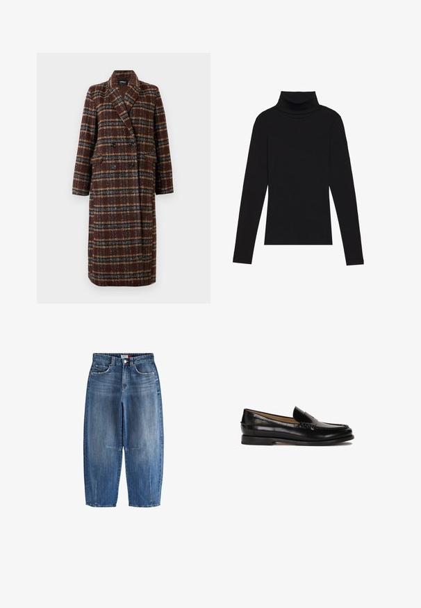 Ilgas dvigubas rudas langeliais paltas su apykakle, juodais mygtukais ir kišenėmis su atvartais, eksponuojamas ant balto fono.; Juoda turtleneko ilgo rankovės viršutinė dalis, pagaminta iš raukšlėtos medžiagos, turi prigludusią formą, aukštą apykaklę ir neturi jokių raštų ar akcentų.; Džinsai vidutinio mėlynumo, su aukšta juosmens linija, trumpais plačiais džinsais, priekinėmis kišenėmis ir matomais siūlais.; Juodas odinis loafers stiliaus batelis su apvaliu nosimi, lengvai užsidedantis dizainas ir subtilūs siuvinėjimo detalės viršuje. Lygus guminis padas.