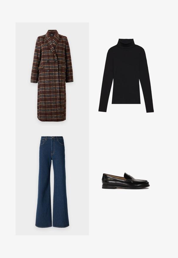 Lange dubbelhuls bruine geruite jas met revers, zwarte knopen en klepzakken, tentoongesteld tegen een witte achtergrond.; Zwarte turtleneck met lange mouwen, gemaakt van ribbelstof, heeft een aansluitend ontwerp met een hoge hals en geen patronen of accenten.; Abercrombie & Fitch Relaxed fit jeans - rinse; Zwarte leren loafer met een ronde neus, instapontwerp en subtiele stiksels langs de bovenkant. Platte rubberen zool.