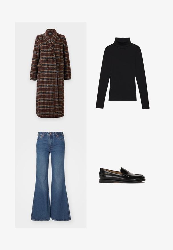 Lange dubbelhuls bruine geruite jas met revers, zwarte knopen en klepzakken, tentoongesteld tegen een witte achtergrond.; Zwarte turtleneck met lange mouwen, gemaakt van ribbelstof, heeft een aansluitend ontwerp met een hoge hals en geen patronen of accenten.; Uitlopende blauwe denim jeans met een hoge taille, voorzien van een knoopsluiting, vijf zakken en een iets vervaagde textuur op de benen.; Zwarte leren loafer met een ronde neus, instapontwerp en subtiele stiksels langs de bovenkant. Platte rubberen zool.