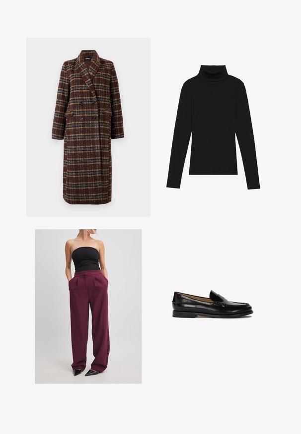 Dolg plašč z dvojnim zapenjanjem v rjavem karirastem vzorcu z rever ovratnikom, črnimi gumbi in žepi s poklopcem, prikazan na belem ozadju.; Črna majica s puloverjem in dolgimi rokavi, izdelana iz rebraste tkanine, ima prilegan kroj s visokim ovratnikom in brez vzorcev ali okrasnih elementov.; NA-KD Hlače - maroon; Črne usnjene loafers cipele z zaobljenim nosom, enostavno obuvanje in subtilne šive ob zgornjem delu. Ravna gumijasta podplata.