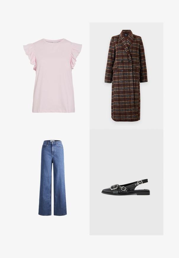 Long double-breasted brown plaid coat with lapel collar, black buttons, and flap pockets, displayed against a white background.; Light pink short-sleeve top with ruffled accents at the shoulders. Smooth cotton material, round neckline, and a relaxed fit with a straight hem.; Light blue denim wide-leg jeans with a high waist, two front pockets, and visible stitching. Features a button and zipper closure.; Black leather slingback shoe with a pointed toe, two silver buckles, and a low block heel. Features a textured upper and open back.