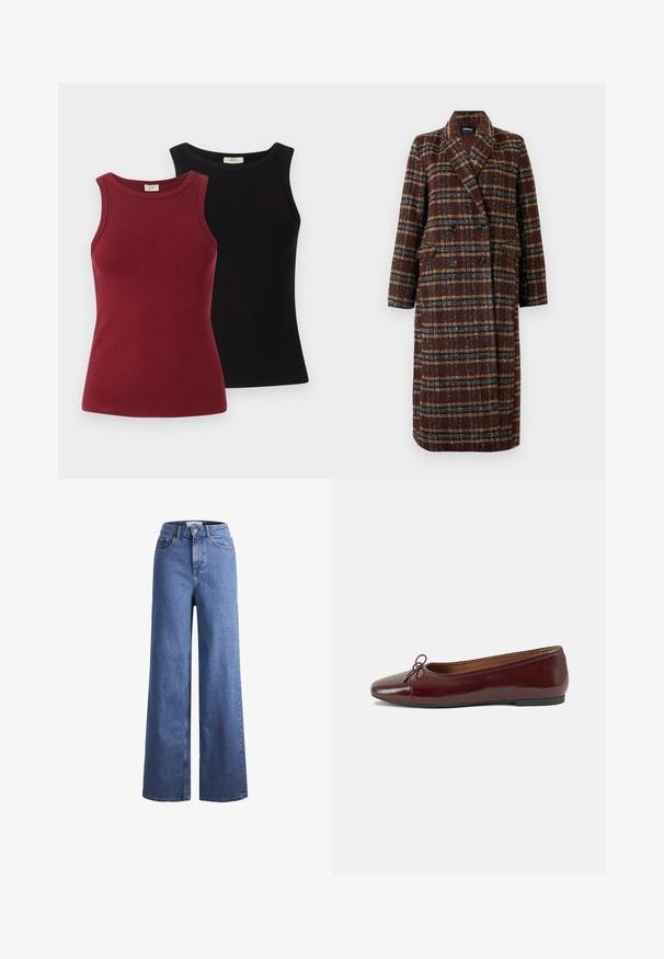 Dolg plašč z dvojnim zapenjanjem v rjavem karirastem vzorcu z rever ovratnikom, črnimi gumbi in žepi s poklopcem, prikazan na belem ozadju.; Dva rebrasta topa: en v maroon in en v črni barvi. Obe imata prilegajoč dizajn s krožnim ovratnikom in gladko teksturo.; Svijetloplave traper hlače širokih nogavica s visokim strukom, s dva prednja džepa i vidljivim šavovima. Ima kopčanje na gumb i zatvarač.; Burgundska patenti usnjeni baletni čevlji z zaobljenim prstom, majhnim lokom na sprednji strani in nizkim črnim gumijastim podplatom. Gladka tekstura.