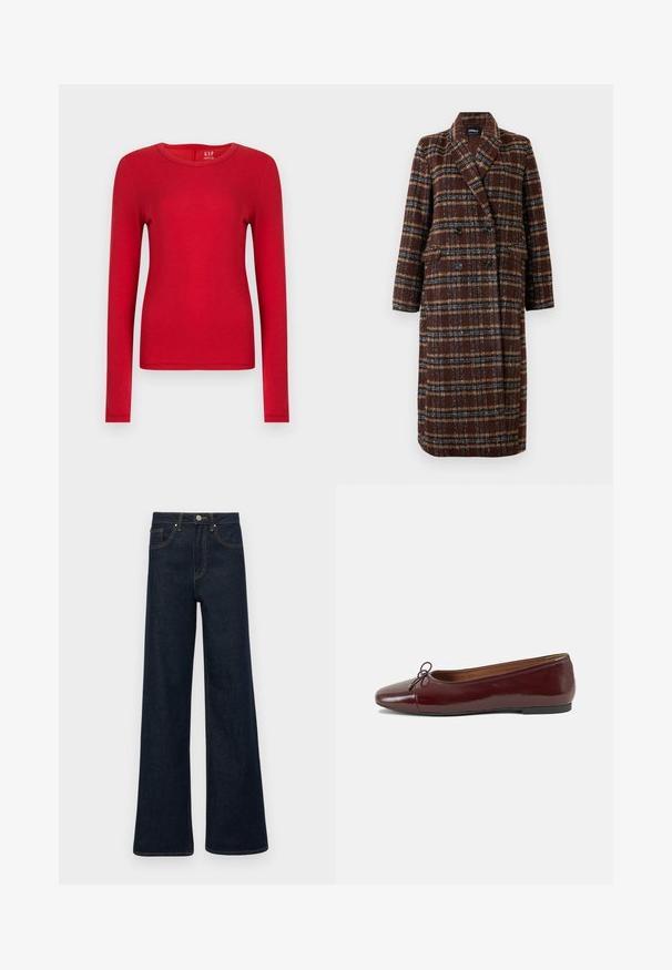 Long double-breasted brown plaid coat with lapel collar, black buttons, and flap pockets, displayed against a white background.; Red long-sleeve shirt made of soft cotton, featuring a round neckline and fitted design. Smooth texture with no patterns or embellishments.; Dark blue wide-leg denim jeans with front pockets, belt loops, and a button closure.; Burgundy patent leather ballet flat with a rounded toe, small bow accent at the front, and a low, black rubber sole. Smooth texture.