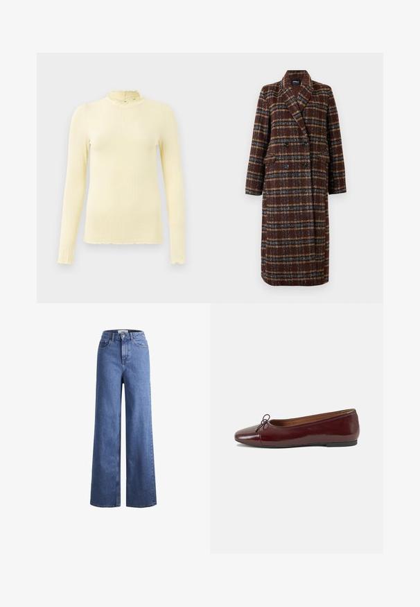 Lange dubbelhuls bruine geruite jas met revers, zwarte knopen en klepzakken, tentoongesteld tegen een witte achtergrond.; Langsleeve, geribbelde top in een zachte pastelgele kleur met een hoge, gerimpelde kraag en een golvende zoom; gemaakt van rekbaar materiaal voor comfort.; Lichtblauwe denim wijde jeans met een hoge taille, twee voorzakken en zichtbare stiksels. Voorzien van een knoop- en ritssluiting.; Bordeaux gepatenteerd lederen ballerina met een ronde neus, een klein strikaccent aan de voorkant en een lage, zwarte rubberen zool. Glad textuur.