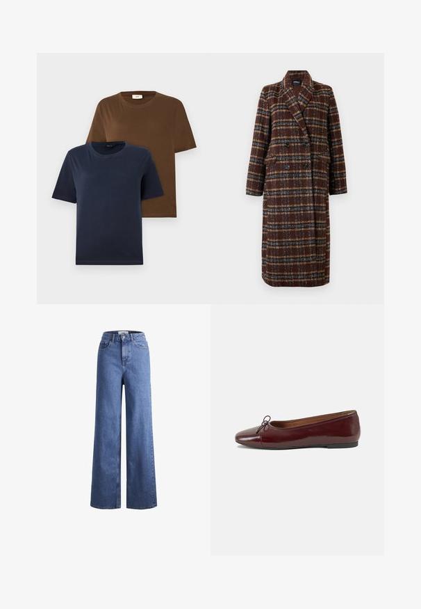 Hosszú, dupla soros barna kockás kabát, kapucnis gallérral, fekete gombokkal és hajtókás zsebekkel, fehér háttér előtt bemutatva.; Két rövid ujjú póló: az egyik sötét tengerészkék, a másik gazdag barna színű. Mindkettő kerek nyakkivágással és puha, sima pamutszövettel rendelkezik.; Világoskék, széles szárú farmernadrág magas derékkal, két elülső zsebbel és látható varrással. Gombos és cipzáros záródás.; Burgundi lakkbőr balettcipő kerek orral, elöl kis masni díszítéssel és alacsony, fekete gumi talppal. Simára csiszolt felület.