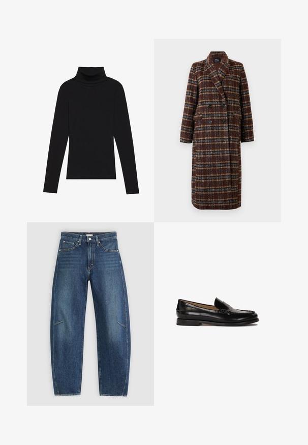 Pikk topeltkinnitatud pruuni ruudulise mustriga mantel, millel on krae, mustad nupud ja klapptaskud, esitatud valge tausta ees.; Mustavööne, pika varrukaga kõrge kaelusega T-särk, mis on valmistatud ribakanga materjalist, omab sobivat disaini ja ei sisalda mustreid ega aksessuaare.; Tumedat sinised teksad sirge jala disainiga, millel on esikotid, kontrastõmblused ja jalgadel peenelt pleekinud tekstuur.; Must siin mustad nahast loaferid ümarate varvastega, libisemisega mudel ja peened õmblused peal. Lame kummist tall.