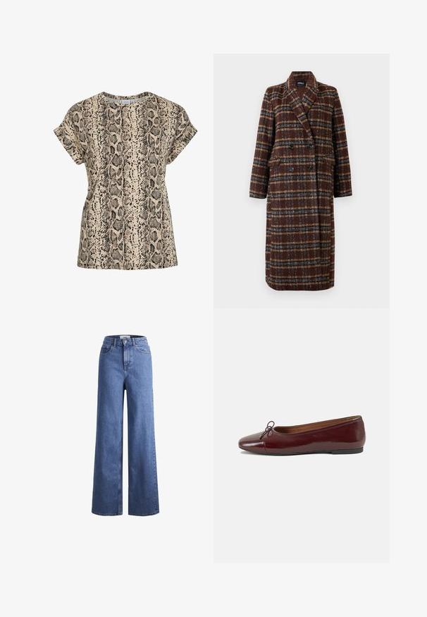Casaco xadrez castanho de dupla face, com colarinho de lapela, botões pretos e bolsos de aba, exibido sobre um fundo branco.; T-shirt bege de manga curta com padrão de impressão de cobra em preto e castanho e decote redondo.; Jeans de ganga azul claro, de perna larga e cintura alta, com dois bolsos frontais e costuras visíveis. Apresenta um fecho de botão e zíper.; Bailarinas em couro sintético borgonha com bico redondo, pequeno laço na frente e sola baixa em borracha preta. Textura suave.