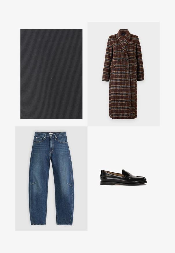 Pikk topeltkinnitatud pruuni ruudulise mustriga mantel, millel on krae, mustad nupud ja klapptaskud, esitatud valge tausta ees.; Tekstureeritud must kangas, millel on vertikaalne soonik. Materjal näeb välja veniv ja sile, sobib hästi rõivaste või mööbli katteks.; Tumedat sinised teksad sirge jala disainiga, millel on esikotid, kontrastõmblused ja jalgadel peenelt pleekinud tekstuur.; Must siin mustad nahast loaferid ümarate varvastega, libisemisega mudel ja peened õmblused peal. Lame kummist tall.