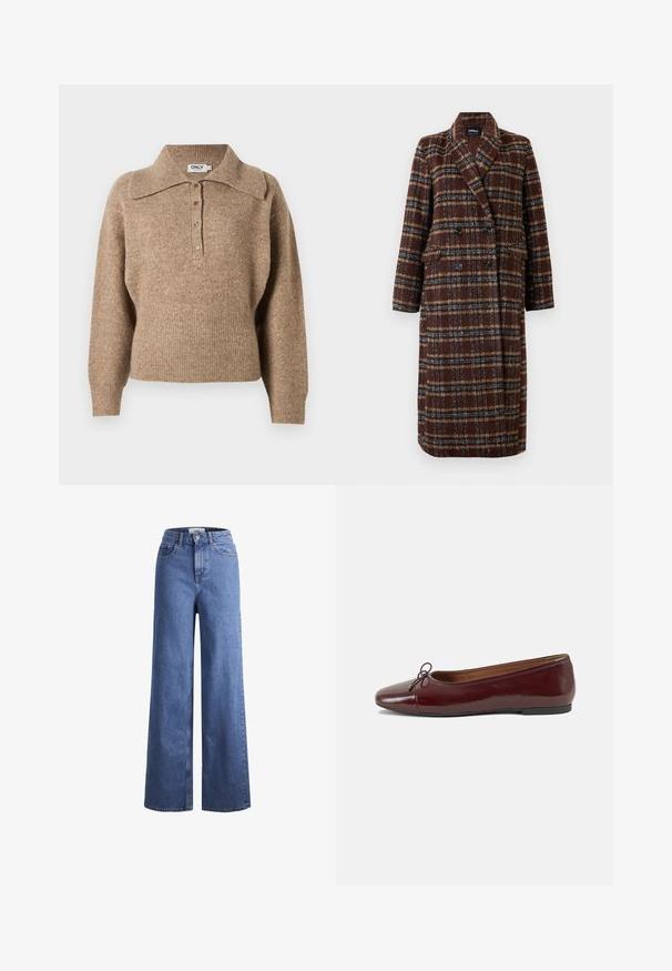 Hosszú, dupla soros barna kockás kabát, kapucnis gallérral, fekete gombokkal és hajtókás zsebekkel, fehér háttér előtt bemutatva.; Barna pulóver galléros nyakkivágással, bordás mandzsettákkal és szegéllyel. Gombos elülső része és puha tapintása van.; Világoskék, széles szárú farmernadrág magas derékkal, két elülső zsebbel és látható varrással. Gombos és cipzáros záródás.; Burgundi lakkbőr balettcipő kerek orral, elöl kis masni díszítéssel és alacsony, fekete gumi talppal. Simára csiszolt felület.