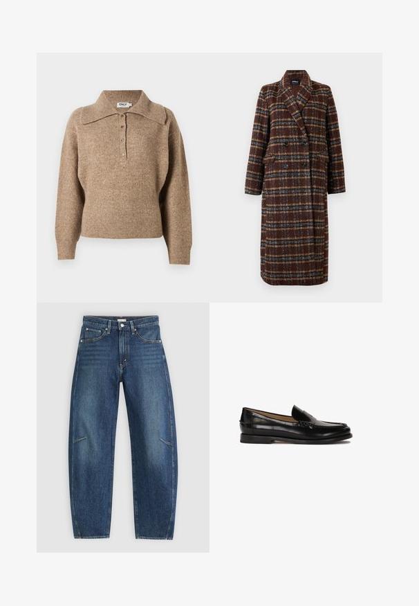 Cappotto lungo doppiopetto a quadri marrone con colletto a bavero, bottoni neri e tasche a soffietto, esposto su uno sfondo bianco.; Maglione marrone con collo a camicia, polsini e orlo a costine. Presenta una chiusura frontale con bottoni e una texture morbida.; Jeans in denim blu scuro con design a gamba dritta, caratterizzati da tasche anteriori, cuciture a contrasto e una leggera texture sbiadita lungo le gambe.; Mocassino in pelle nera con punta arrotondata, design slip-on e dettagli di cucitura discreti lungo la parte superiore. Suola piatta in gomma.