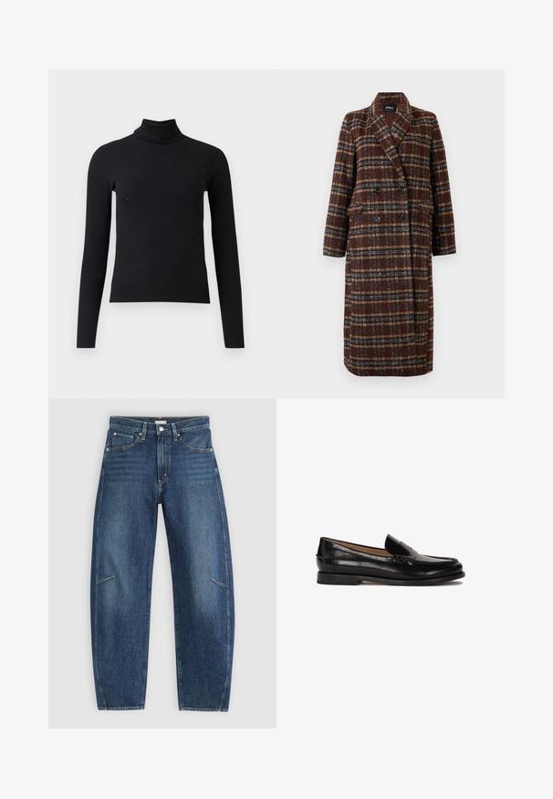 Gara divrindas brūna raibā mētelis ar atloku apkakli, melniem pogām un kabatām ar vāciņu, izstādīta pret baltu fona.; Melna ribota turtlenecka džemperis ar garām piedurknēm, pieguļošs dizains, gluda tekstūra un augsts apkakle. Nav redzamu rakstu vai rotājumu.; Tumši zili džinsi ar taisna kāju dizainu, ar priekšējiem kabatām, kontrastējošu šuvju un nemanāmu izbalējušu struktūru uz kājām.; Melnas ādas loferes ar noapaļotu purngalu, viegli uzvelkamas un ar diskrētām dūrieniem augšdaļā. Vienkārša gumijas zole.