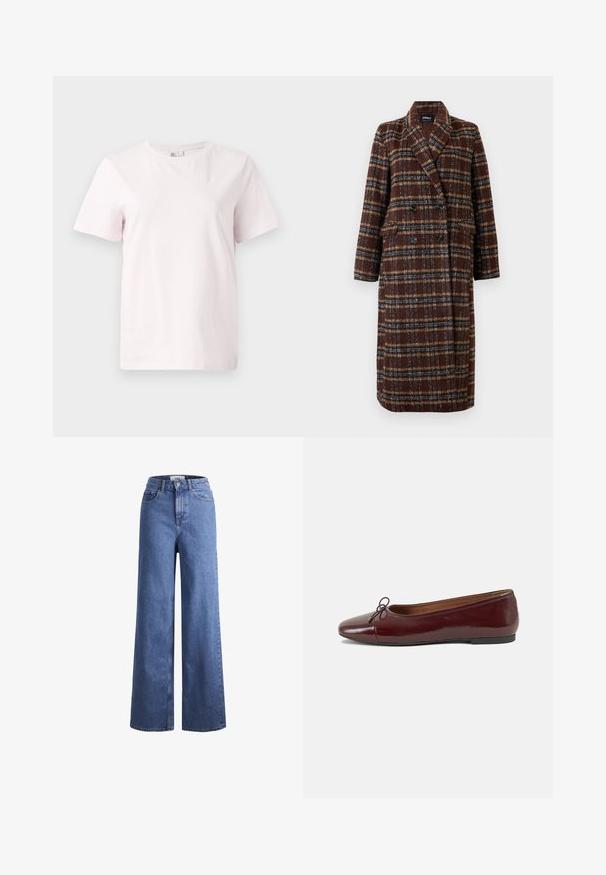 Palton lung, dublu-botonat, din material cu carouri maro, cu guler tip rever, nasturi negri și buzunare cu clapă, expus pe un fundal alb.; Tricou scurt cu mânecă scurtă, de culoare roz deschis, fabricat din bumbac, cu guler rotund și o croială lejeră. Textură netedă, fără modele sau accente.; Jeans din denim de culoare albastră deschisă, cu croială largă și talie înaltă, prevăzuți cu două buzunare frontale și cusături vizibile. Au închidere cu nasture și fermoar.; Balerini din piele patent burgund cu vârful rotund, accent de fundiță mică în față și talpă joasă din cauciuc negru. Textură netedă.