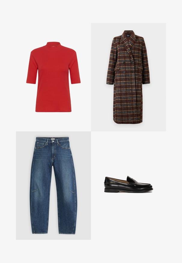 Dlhý hnedý károvaný kabát na dvojité zapínanie s klopovým golierom, čiernymi gombíkmi a vreckami s chlopňou, vystavený na bielom pozadí.; Červené rebrované pletené tričko s vysokým stojačikom a krátkymi rukávmi, s priliehavým strihom a hladkou textúrou.; Tmavomodré riflové nohavice so strihom rovného nohu, ktoré majú predné vrecká, kontrastné šitie a jemnú vyblednutú textúru na nohách.; Čierne kožené loafery s okrúhlou špičkou, bez zapínania, a jemnými švovými detailmi pozdĺž hornej časti. Plátená gumená podrážka.
