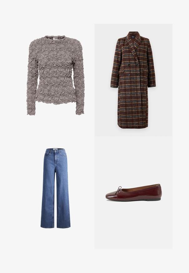 Długi brązowy płaszcz w kratę z podwójnym zapięciem, z klapami, czarnymi guzikami i kieszeniami z klapami, wyeksponowany na białym tle.; Bluzka z długim rękawem w kolorze mauve, wykonana z fakturowanej tkaniny z marszczeniem, z okrągłym dekoltem, lekko rozszerzana u dołu oraz z zapięciem na guzik z tyłu w kształcie łezki.; Jasnoniebieskie dżinsy o szerokich nogawkach i wysokim stanie, z dwoma przednimi kieszeniami i widocznym przeszyciem. Posiadają zamek błyskawiczny i zapięcie na guzik.; Bordowe baleriny z lakierowanej skóry z zaokrąglonym noskiem, małą kokardką z przodu oraz niską, czarną gumową podeszwą. Gładka tekstura.