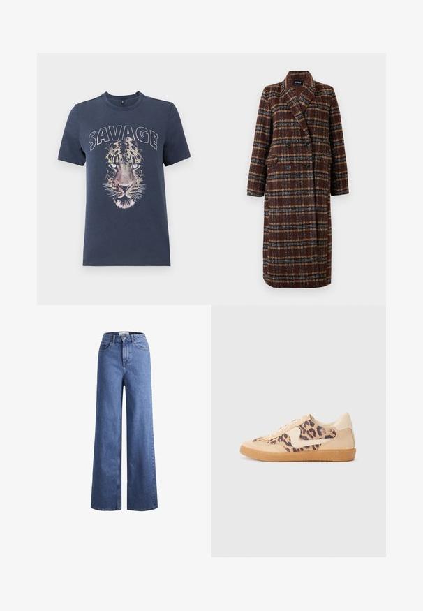 Manteau long en plaid marron à double boutonnage avec col à revers, boutons noirs et poches à rabat, présenté sur un fond blanc.; T-shirt en coton bleu marine avec un grand visage de léopard imprimé et le texte "SAVAGE" au-dessus, col rond et manches courtes.; Jean large en denim bleu clair avec taille haute, deux poches avant et coutures visibles. Fermeture à bouton et à zip.; Baskets en imprimé léopard avec tige en suède beige, semelle en caoutchouc tan et accents blancs. Bout rond et design à lacets avec une finition texturée.