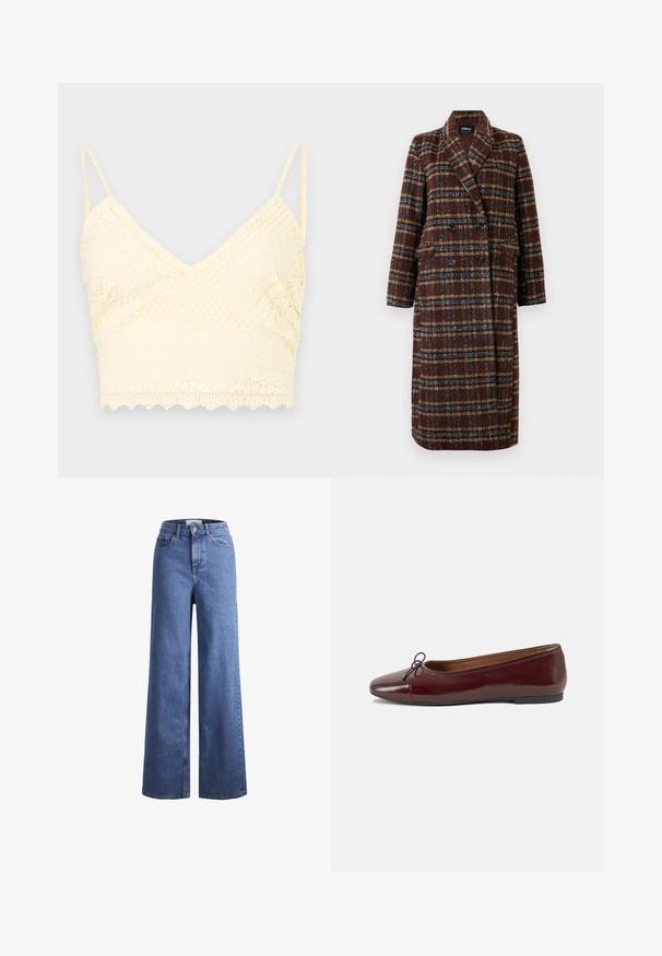 Ilgas dvigubas rudas langeliais paltas su apykakle, juodais mygtukais ir kišenėmis su atvartais, eksponuojamas ant balto fono.; Geltona nėrinių braletė su V formos iškirpte, reguliuojamomis petnešėlėmis, tekstūruotais raštais ir banguotu kraštu.; Šviesiai mėlynos džinsinės kelnės plačiu sijonu ir aukštu liemeniu, su dviem priekinių kišenių ir matomu siuvimu. Su mygtuko ir užtrauktuko uždarymu.; Bordo lakiotos odos baleto bateliai su apvalia nosimi, maža kaspinėlio akcentu priekyje ir žema juoda guma padanga. Lygi tekstūra.