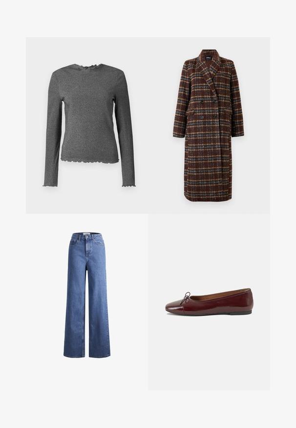 Gara divrindas brūna raibā mētelis ar atloku apkakli, melniem pogām un kabatām ar vāciņu, izstādīta pret baltu fona.; Garais piedurkņu, tumši pelēks ribots adījums ar salātiem malas pie piedurkņu galiem, kakla un apakšmalas.; Gai zili džinsi ar platu kāju un augstu jostu, divas priekšējās kabatas un redzamu šuvju. Iekļauj pogas un rāvējslēdzēja aizdari.; Burgundijas laku ādas baleta kurpes ar noapaļotu purngalu, nelielu loku akcentu priekšā un zemu melnu gumijas zoli. Gluda tekstūra.