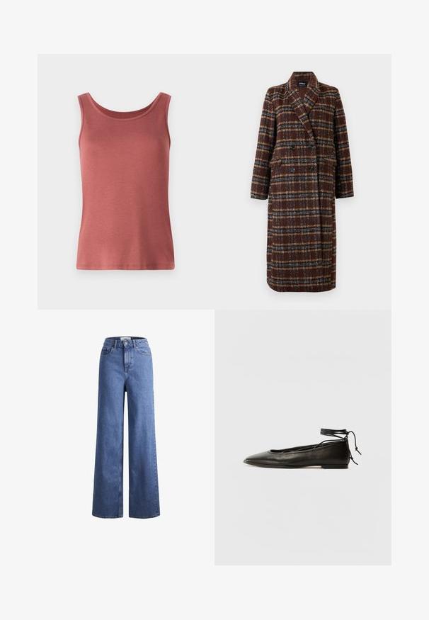 Lang, dobbeltradet brun plaidfrakke med reverskrave, sorte knapper og klaplommer, præsenteret mod en hvid baggrund.; Rød bomulds tanktop med rund hals og brede stropper, der har en glat tekstur og en tætsiddende silhuet. Ingen mønstre eller udsmykninger.; Lyseblå denim brede bukser med høj talje, to frontlommer og synlige stikninger. Har en knap- og lynlåslukning.; Sorte læder ballerinaer med spids tå, ankelbinding og flad sål, der har en glat tekstur og minimalistisk design.